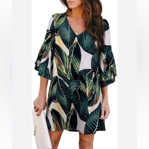 BELONGSCI Women’s Tropical V-Neck Bell Sleeve Shift Dress